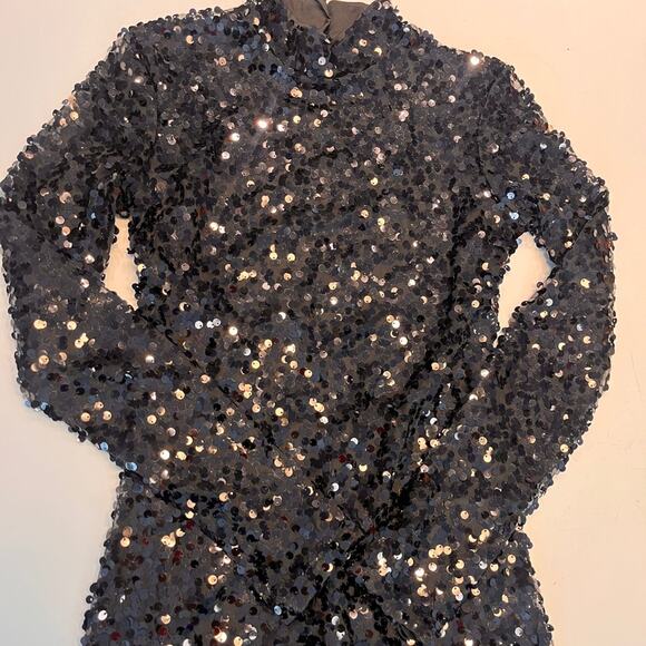 H&M Women’s Black Mock Neck Sequin Long Sleeve mini Dress Size XS - Picture 3 of 12